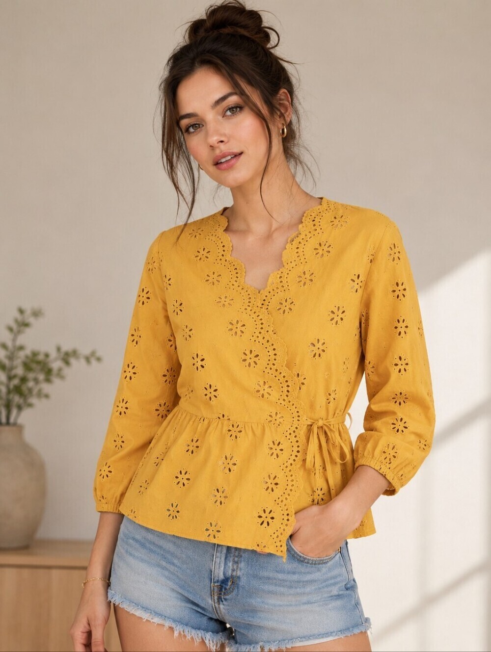 MADEWELL Scalloped Eyelet Wrap Top Blouse M Golden Yellow